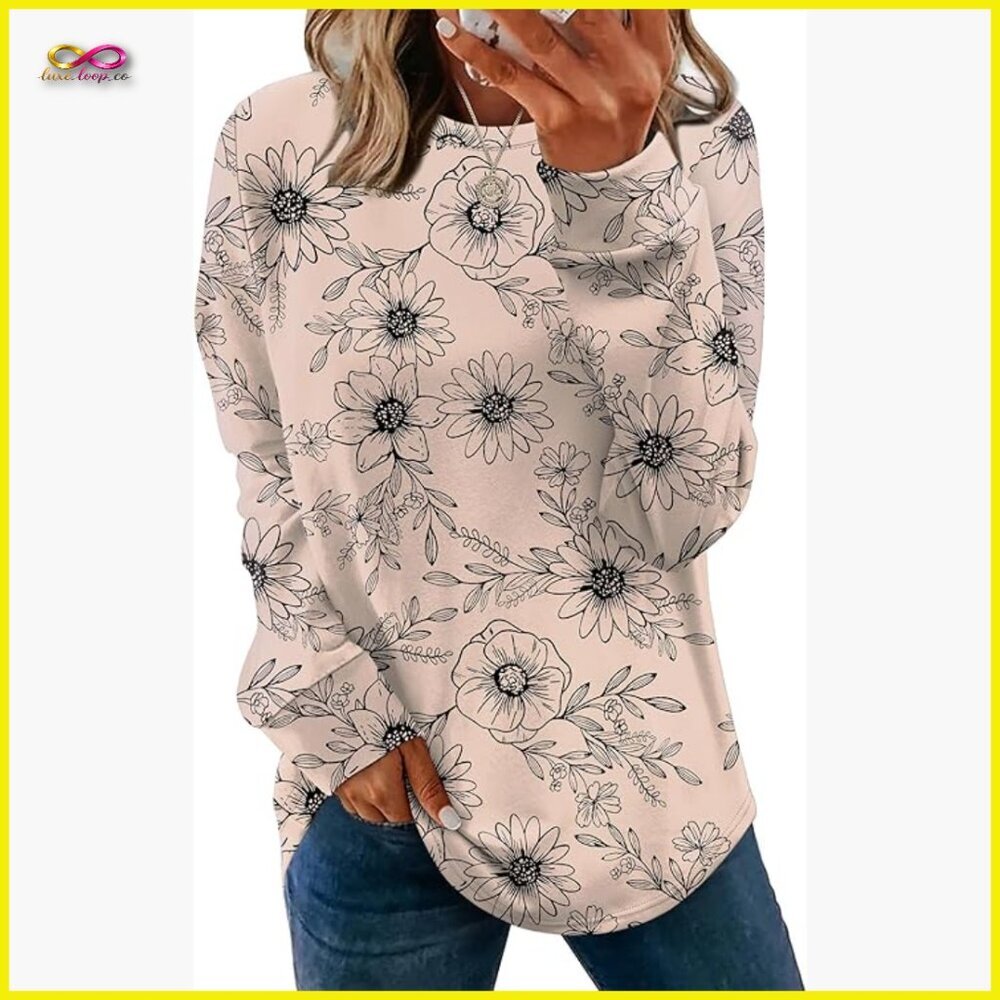 Lightweight Crewneck‎ Sweater Long Sleeve Tunic Loose Fit Curved Hem Fall